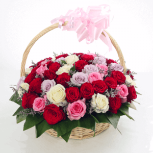 get well roses, get well flowers for her delivery, pink, red, white and purple roses, roses in a basket, delivery in Riverside