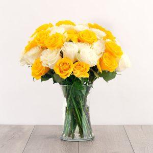 Roses in a vase, Yellow and white roses, colorful bouquet of flowers, fresh and affordable flowers, fuzzy & fluff gifts