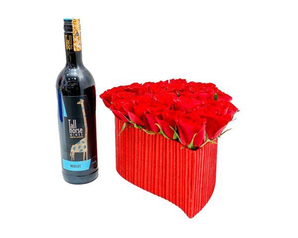 roses in a heart shaped box, best flowers for anniversary, romantic flowers for my wife, order flowers in Kenya, red roses and wine