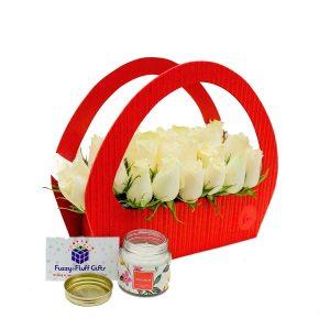 Birthday flowers in Kenya, roses in a deco bag, white roses, roses and candles, send birthday flowers and gifts in Kenya