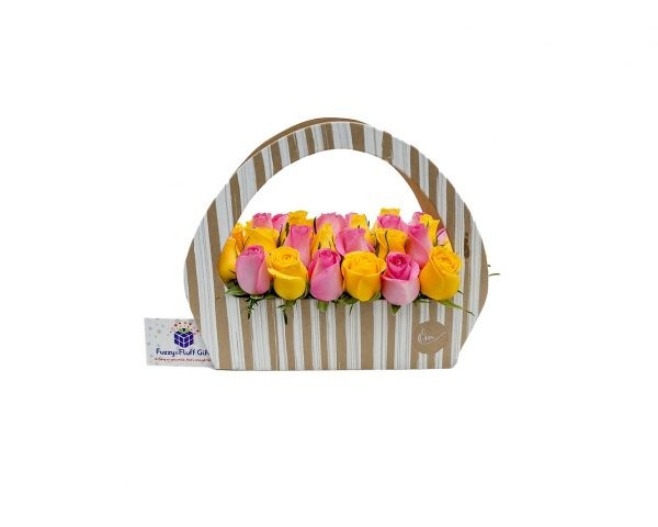 engagement flowers, congratulations on engagement gifts, yellow & pink roses, roses in a deco bag, delivery in Hurligham