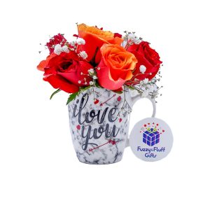 same day flower delivery, orange and red roses, roses in a mug, romantic flowers in a mug, unique anniversary gift