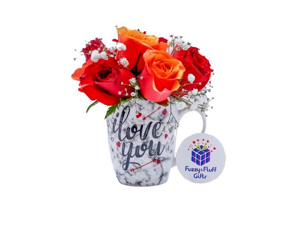 same day flower delivery, orange and red roses, roses in a mug, romantic flowers in a mug, unique anniversary gift