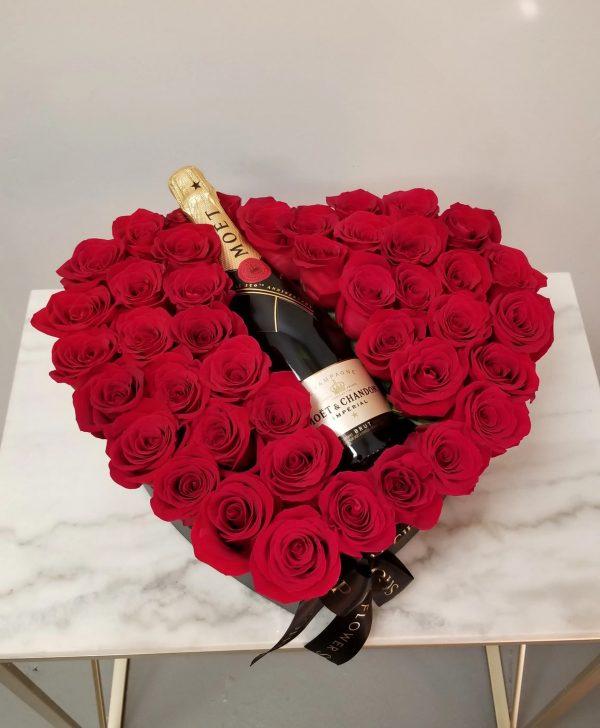 romantic luxury flowers, heart box with roses, roses and champagne, roses for birthday gift, flower delivery in Westlands