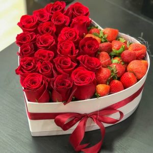 Online flower shop in Kenya, red roses heart box with strawberries, send romantic roses online, same day flowers, urgent flowers delivery