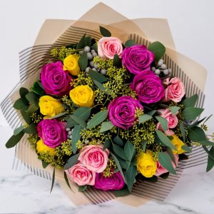 Send roses online same day delivery, lilac, pink & yellow roses, congratulations flower bouquet, fresh flower bouquet, delivery in Kitisuru