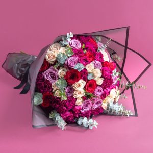 Flower price Kenya, hand tied bouquet, red, white, pink and lilac roses, romantic mixed roses bouquet, i love you flowers for her, deliver roses same day