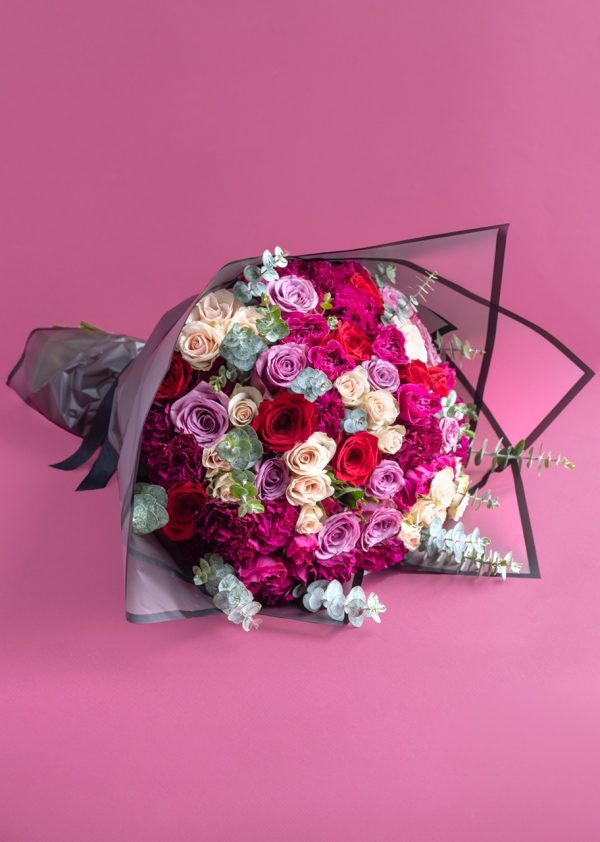Flower price Kenya, hand tied bouquet, red, white, pink and lilac roses, romantic mixed roses bouquet, i love you flowers for her, deliver roses same day