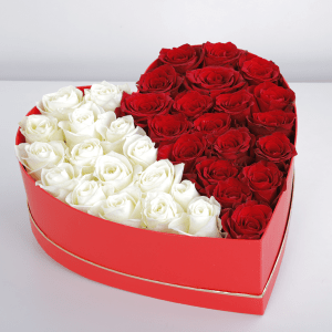 flowers for valentines day, roses in a box shape, red and white roses, box of roses delivery, romantic roses for her