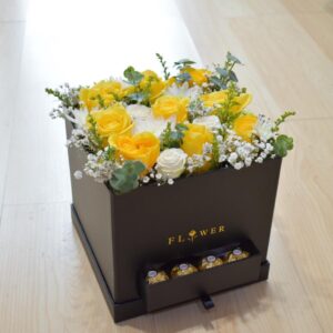 thank you flower box, yellow and white roses, flower delivery in Spring Valley, roses with chocolate, flower chocolate box