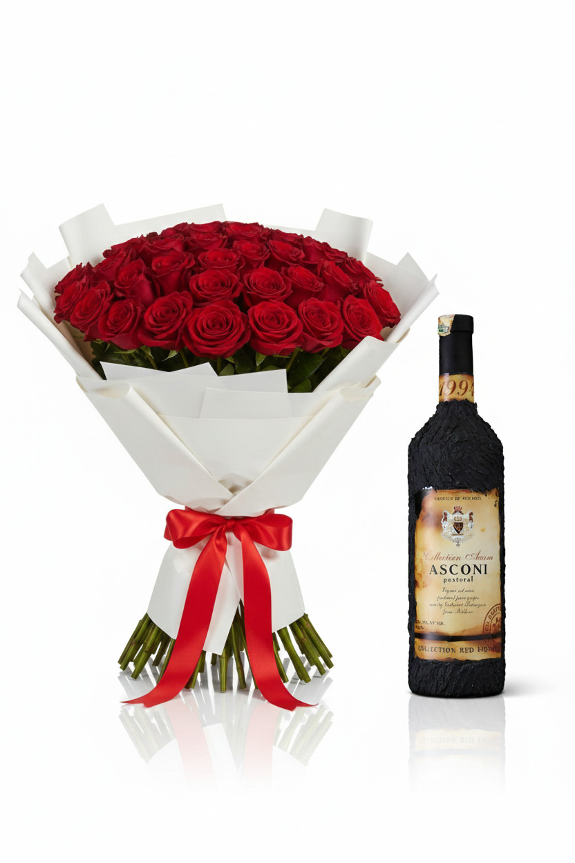30 Red roses valentine bouquet & wine