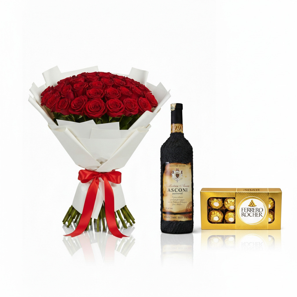 30 red roses, wine and chocolate valentines day