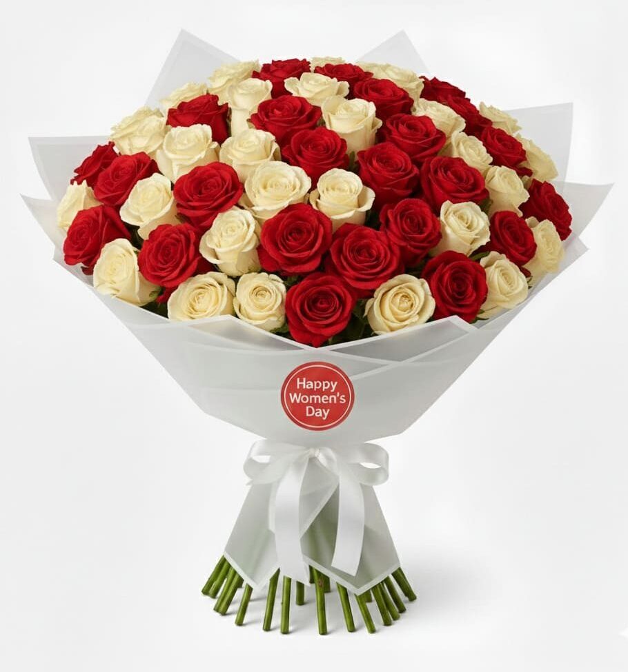 50 Red & Cream Rose Women’s Day Bouquet – Send Flowers from UK Send women's day flowers to Kenya from UK , Send flowers to Nairobi for women's day UK, Kenyan florist for UK customers, Women's day gifts delivered in Kenya from UK, UK to Kenya women's day flower delivery
