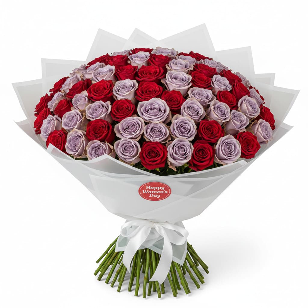 100 Lilac & Red Rose Women’s Day Bouquet – Send Flowers from USA Send women's day flowers to Nairobi from USA, USA to Nairobi flower delivery women's day, Send flowers to Kenya for women's day, Women's day flower gifts Kenya USA, Order women's day flowers in Nairobi from USA